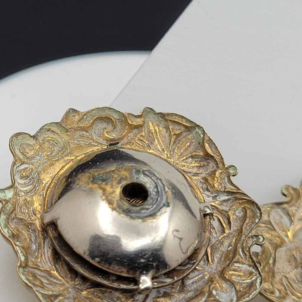 Vintage Art Nouveau Brass Faux Cluster Pearl Sterling Clip-On Earrings *AS-IS* - Picture 14 of 15